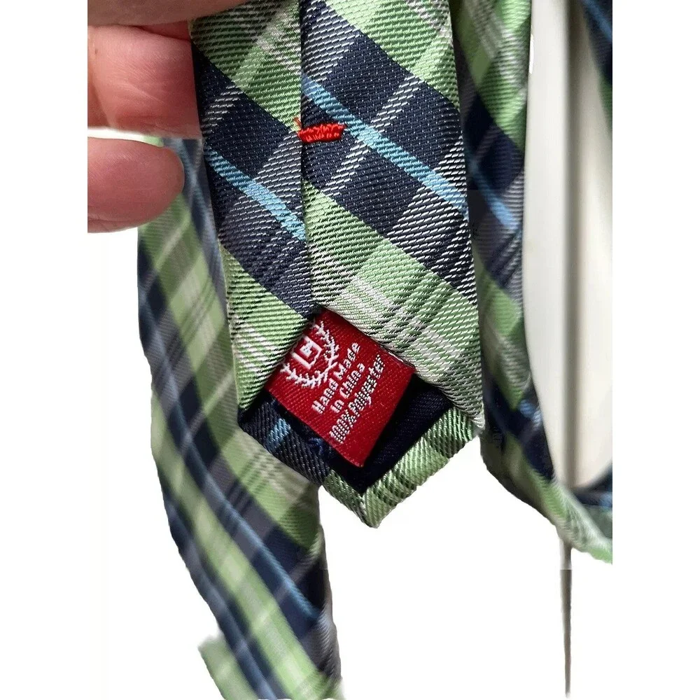 Chaps Boys Necktie Leaf Green Dark Light Blue White Plaid Tie 2.5